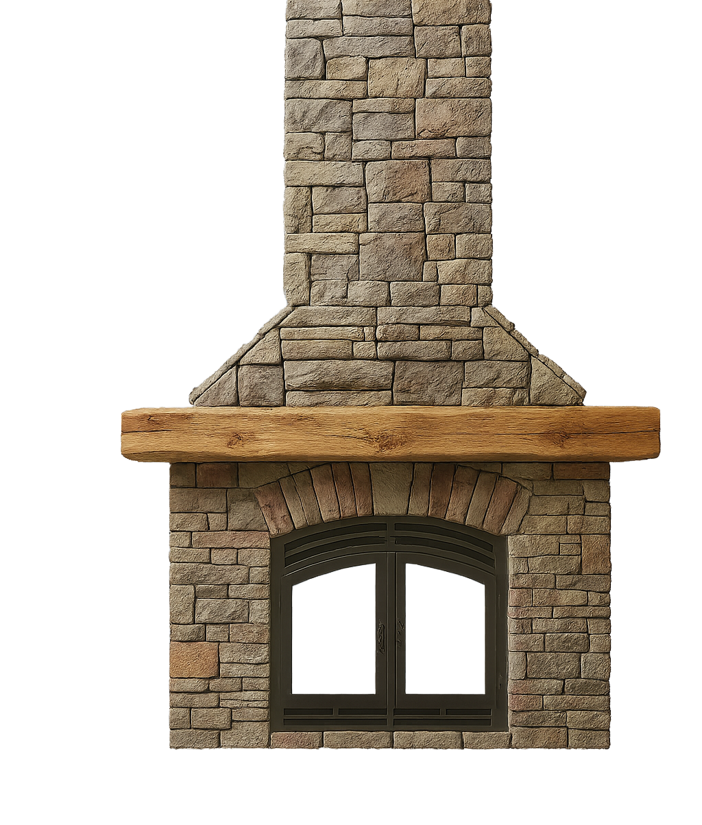 Stone fireplace with wooden mantel