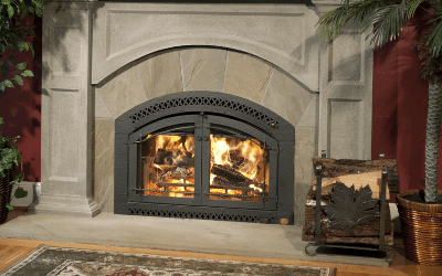 wood fireplace in family room